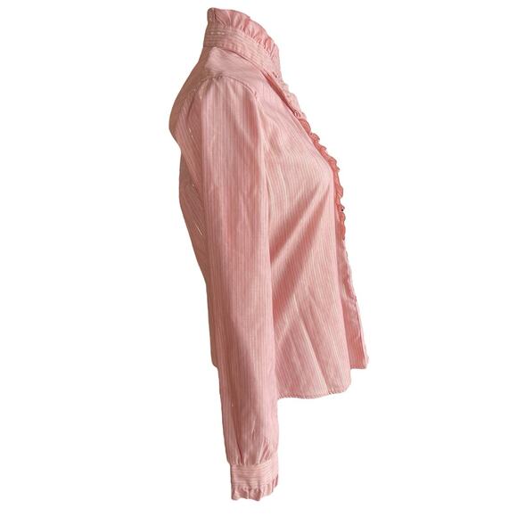 Vintage 80s Victorian Pink Ruffled Trim Modest Blouse Large Cottage High Collar - Picture 4 of 10
